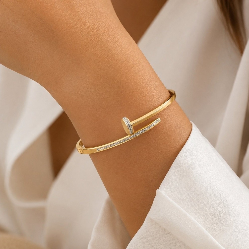 NWOT Gold Tone Nail Bangle Bracelet Crystal Accent Minimalist Cuff